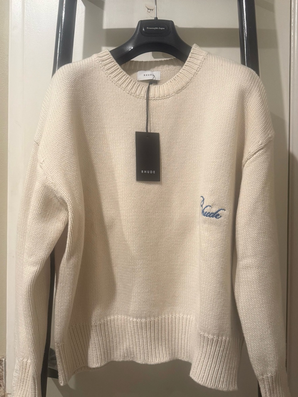NWT Rhude Men’s Embroidered Cursive Logo Cotton Crewneck Sweater (Ivory, Medium)